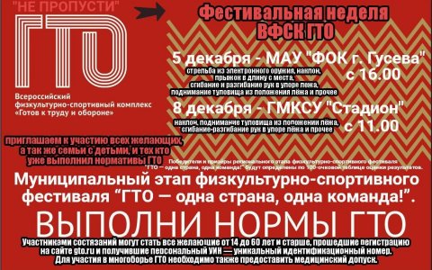 5 и 8 декабря в Гусеве пройдет муниципальный этап фестиваля «ГТО - одна страна, одна команда!»