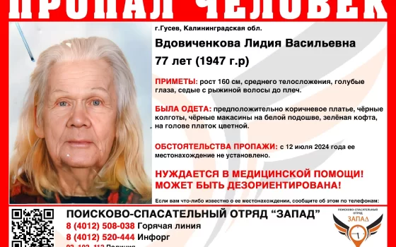 В Гусеве разыскивают 77-летнюю Вдовиченкову Лидию Васильевну